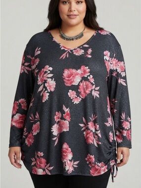 😍CLEARANCE - LILY MORGAN Black Floral V-Neck Long Sleeve Knit Top 3X